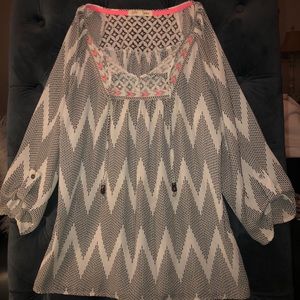 Aztec Print Babydoll Top Lace Button on Sleeves